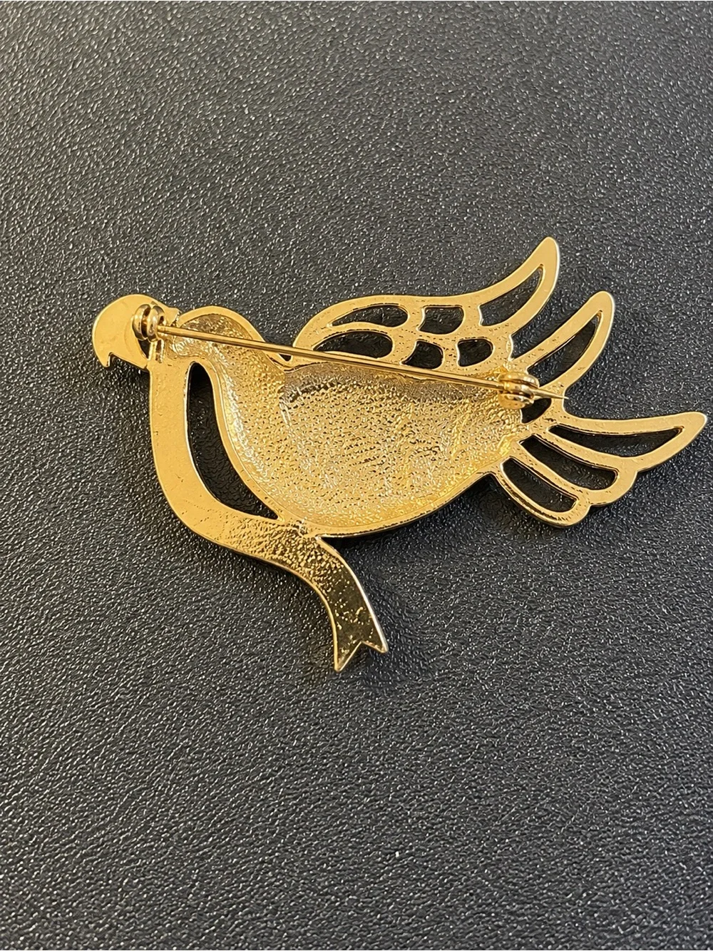 Peace on Earth Dove Brooch Gold Tone White Enamel Rhinestone Pin